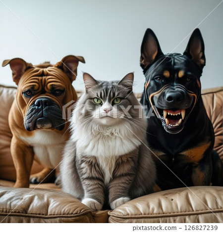 A cat and two dogs are sitting together on the sofa. 126827239