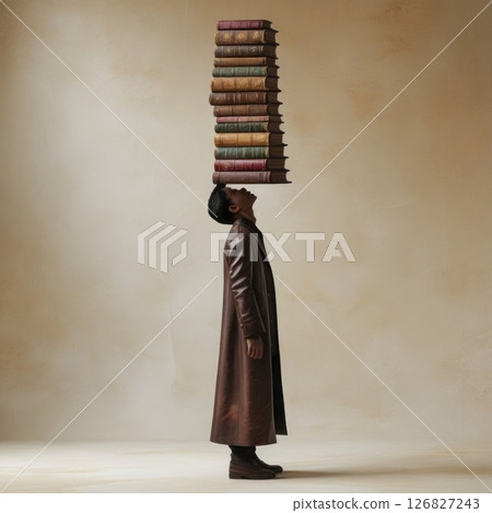 A man in a cloak balances a stack of books on his head. 126827243