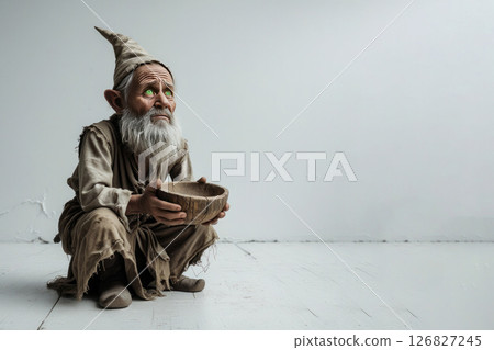 A sad gnome in rags holds a wooden bowl. Space for text. A sad gnome in rags holds a wooden bowl. Space for text. 126827245