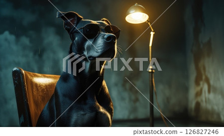 A black dog with glasses under a lamp in a dark room. A black dog with glasses under a lamp in a dark room. 126827246