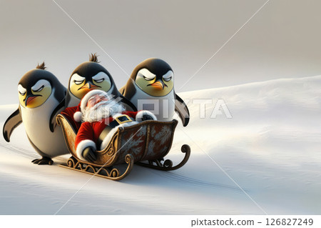 Penguins push sleeping Santa in a sleigh. Space for text. 126827249