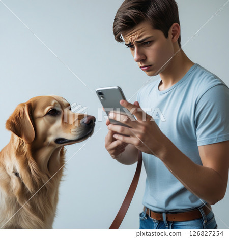 A young man and a dog are looking at the phone screen. 126827254