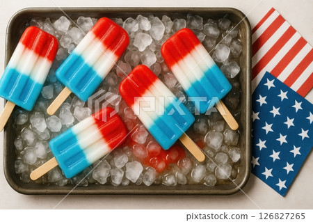 Red, White, and Blue Popsicles on Ice with American Flag Napkins 126827265
