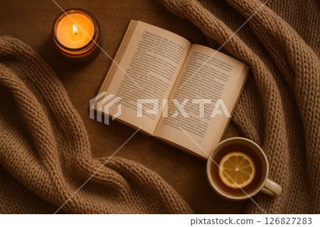 Cozy Self-Care Evening with Candle, Book, and Tea on Knit Blanket 126827283