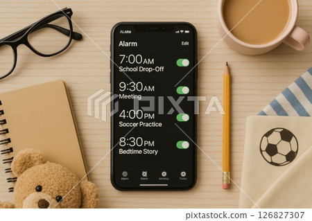 Organized Mom's Daily Schedule with Smartphone Alarms and Essentials 126827307
