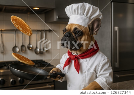 French Bulldog Chef Flipping Pancakes in Kitchen 126827344