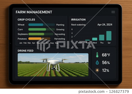 Smart Farm Management Dashboard with Crop and Irrigation Data on Tablet 126827379