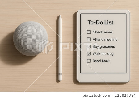 Smart Desk Essentials with To-Do List on Tablet and Smart Speaker Smart Desk Essentials with To-Do List on Tablet and Smart Speaker 126827384