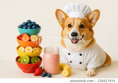 Corgi Chef with Fruit Bowls and Smoothie in Adorable Kitchen Scene Corgi Chef with Fruit Bowls and Smoothie in Adorable Kitchen Scene 126827414