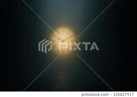 Mysterious Illuminated Clock in Foggy Alleyway at Night 126827417
