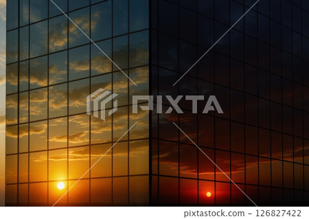 Dual Sunrise and Sunset Reflection on Glass Building Facade 126827422