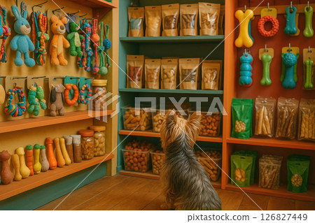 Yorkshire Terrier Exploring Colorful Pet Shop with Toys and Treats 126827449