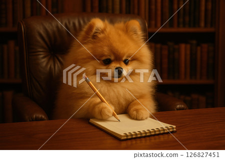 Adorable Pomeranian Scribbling in Office with Pencil and Notebook 126827451