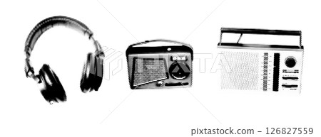 Vintage Headphones and Retro Radios Illustration with Halftone Effect, Representing Classic Audio Technology Vintage Headphones and Retro Radios Illustration with Halftone Effect, Representing Classic Audio Technology 126827559