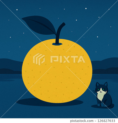 一幅奇妙的插圖，描繪了一隻巨大的梨子和一隻黑貓漂浮在夜空中 126827633