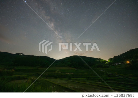 Beautiful starry sky over the rice terraces of Ohawanishi, Misaki Town, Okayama Prefecture, Japan 126827695
