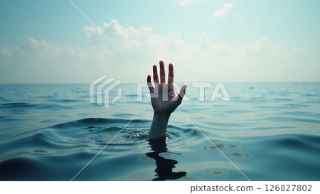 A hand stretches out of the water surface, A person stretching their hand out of the water for help before drowning 126827802