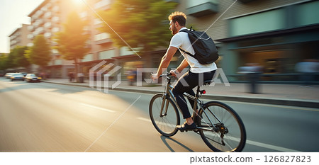 Cyclist or commuter who travels around the city by bike in summer, goes to work, does errands or shopping 126827823
