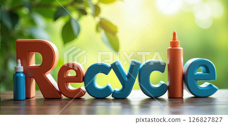 The word recycle as an encouragement to recycle, reuse and remanufacture ecologically and environmentally friendly products in a circular economy in order to protect the environment and conserve 126827827
