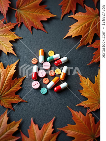 Dietary supplements such as vitamins and trace elements in tablet form to strengthen the body's defenses against diseases in autumn and winter 126827858