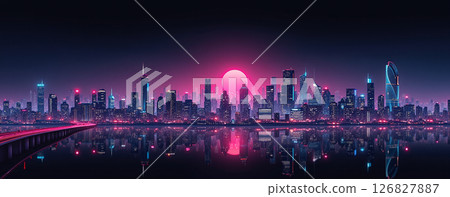 Futuristic panoramic city skyline at night with neon lights and skyscrapers under a dark sky 126827887