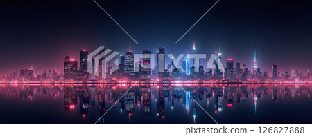Futuristic panoramic city skyline at night with neon lights and skyscrapers under a dark sky 126827888