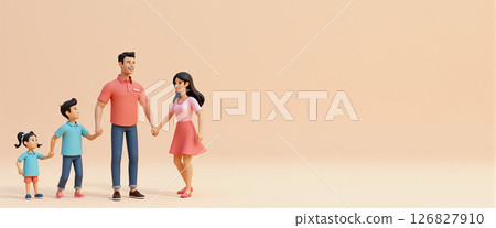 Illustrative depiction of a happy family standing together with children, family network and social family support Illustrative depiction of a happy family standing together with children, family network and social family support 126827910