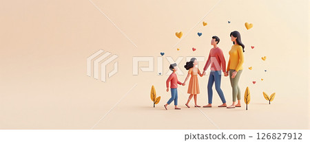 Illustrative depiction of a happy family standing together with children, family network and social family support 126827912