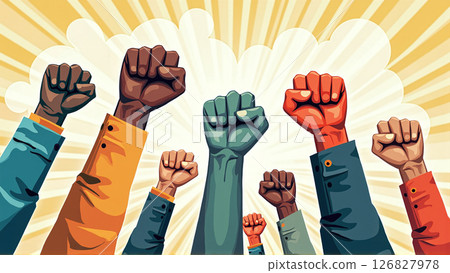 Fists of different colors raised in the air, commonality and diversity in the protest of different causes 126827978