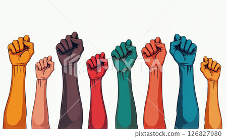 Fists of different colors raised in the air, commonality and diversity in the protest of different causes 126827980