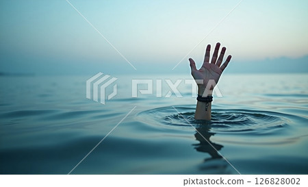 A hand stretches out of the water surface, A person stretching their hand out of the water for help before drowning 126828002
