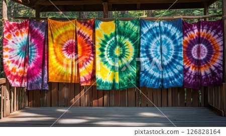 Colorful Tie-Dye Tapestries On A Wall 126828164