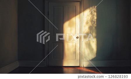 Closed door with shadows and light contrast Closed door with shadows and light contrast 126828193