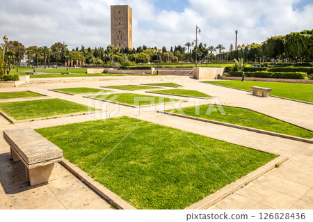 Hassan Tower ancient incomplete mosque minaret and green park in the foreground, Rabat, Morocco 126828436
