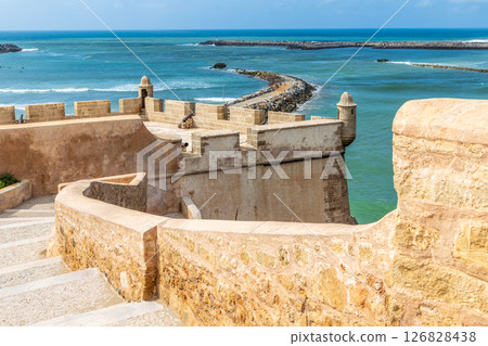Kasbah of the Udayas ancient bastion walls and towers with sea in the background, Rabat, Morocco 126828438