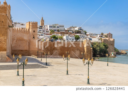 Kasbah of the Udayas ancient bastion walls and towers with old medina town and promenade square, Rabat, Morocco Kasbah of the Udayas ancient bastion walls and towers with old medina town and promenade square, Rabat, Morocco 126828441
