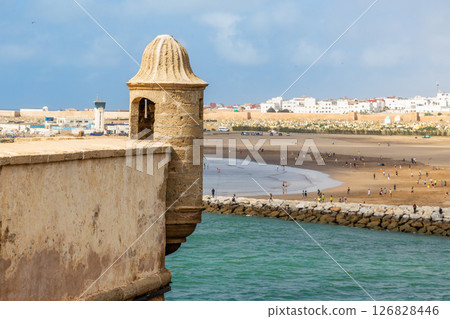 Kasbah of the Udayas ancient bastion walls and tower with sea and tower in the background, Rabat, Morocco 126828446