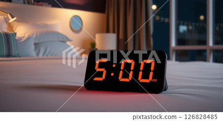A digital alarm clock sits on the bedside, its bright display glowing softly in the early morning light, signaling a new day 126828485