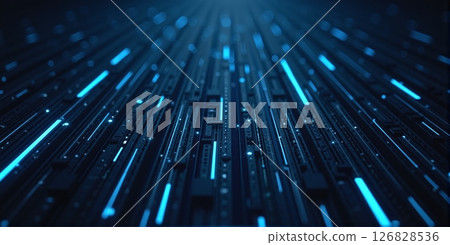 A vibrant digital cyberspace background, filled with glowing grids and data streams, evokes a futuristic world 126828536