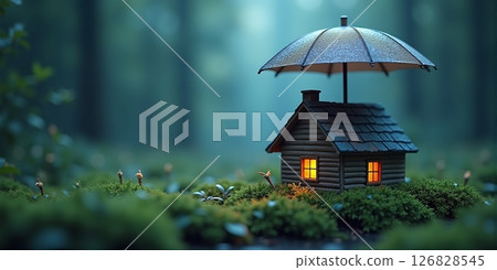 A miniature house nestles under a protective umbrella, symbolizing safety, comfort, and resilience against life's unpredictable storms - ai generated 126828545