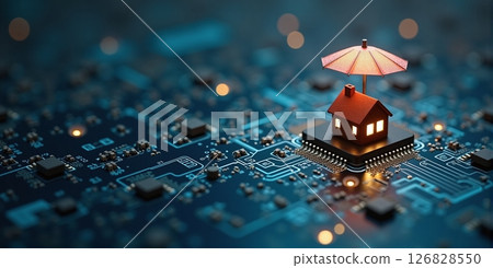 A miniature house nestles under a protective umbrella, symbolizing safety, comfort, and resilience against life's unpredictable storms - ai generated A miniature house nestles under a protective umbrella, symbolizing safety, comfort, and resilience against life's unpredictable storms - ai generated 126828550