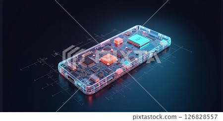 A fully transparent smart phone that unveils its inner electronic landscape, transforming technology into a mesmerizing visual experience 126828557
