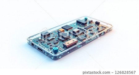 A fully transparent smart phone that unveils its inner electronic landscape, transforming technology into a mesmerizing visual experience 126828567