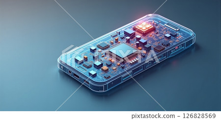 A fully transparent smart phone that unveils its inner electronic landscape, transforming technology into a mesmerizing visual experience 126828569