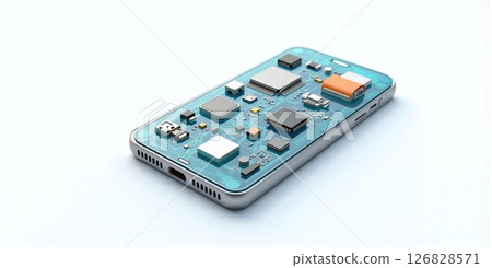 A fully transparent smart phone that unveils its inner electronic landscape, transforming technology into a mesmerizing visual experience 126828571