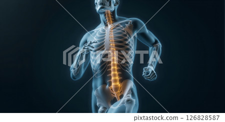 Transparent human figure showcasing a vibrant spine, illustrating various spinal stresses and disorders for medical insight 126828587