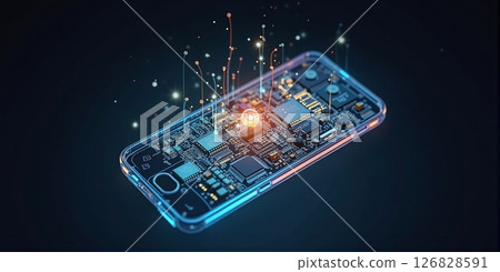 A fully transparent smart phone that unveils its inner electronic landscape, transforming technology into a mesmerizing visual experience 126828591