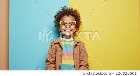 A cheerful child with big glasses beams with joy, seeing the world clearly, their smile brightening the day around them 126828601