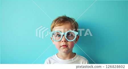 A cheerful child with big glasses beams with joy, seeing the world clearly, their smile brightening the day around them A cheerful child with big glasses beams with joy, seeing the world clearly, their smile brightening the day around them 126828602