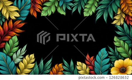 Lush tropical plants frame the image, vibrant flowers and exotic animals peeking through, creating a lively, colorful scene 126828632